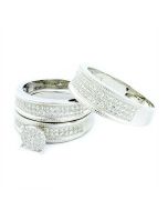 His and Her Rings Trio Wedding Set Sterling Silver With CZ