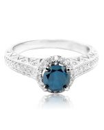 1.25ct Blue White Diamond Engagement Ring 14K White Gold Halo Ornate 8.5mm Wide