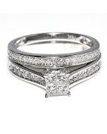 Princess Cut Diamond Bridal Rings Set 14K White Gold 0.56ct w Quad Center with Pave Sides