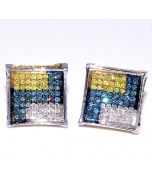 0.33ct Diamond Earrings 9.5mm Wide Blue Diamond Yellow Diamond White Diamond sterling Silver Square Cube