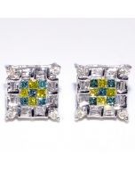 Princess Cut Diamond Earrings Square Studs 0.5ct 14K White Gold Multi color Diamonds Yellow Green White