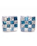 Princess Cut Diamond Earrings Blue and White 14K White Gold 8mm Wide Checkers