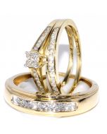 Yellow Gold Bridal Trio Rings Set Princess Cut Diamonds 0.75ct 10k Gold His and Her Rings
