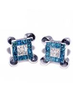 Blue and White Diamond Princess Cut Earrings 14K White gold 0.6ct 8.3mm Wide
