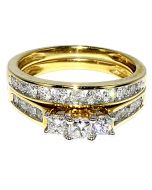 1ct Princess Cut Bridal Wedding Set 14K Yellow Gold Three Stone Ring Set