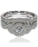 Diamond Wedding Set 2 Piece Round Halo 0.4ct Sculpture Inspired Vintage White gold