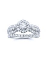 1cttw Diamond Bridal Wedding Rings Set 10K White Gold Round Solitaire Center Halo Style