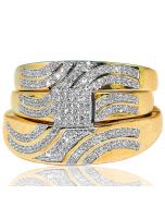 His and Her Rings Trio Wedding Set Yellow Gold 0.4ct Diamonds Princess Style Top