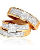 Yellow Gold Trio Wedding Set Mens Women Rings Real 0.4ct Diamonds Princess Pave