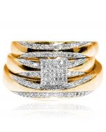 Yellow Gold Trio Wedding Set Mens Women Rings Real 0.33ct Diamonds Princess Pave