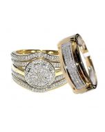 His and Her Bridal Trio Rings Set 4 Piece 10k Yellow Gold 0.68ct Diamonds 19mm Wide Halo Style