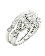1cttw Diamond Wedding Ring Princess Cut With Double Halo and Woven Sides 2pc Set 10K White Gold