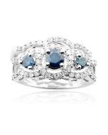 1.2cttw Blue Diamond Bridal Set 10K White Gold 3 Stone With Halo Round Solitaire