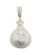 10k Yellow Gold Diamond Dollar Sign Money Bag Charm Pave Set Diamond 1.15cttw