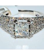 14K White Gold Wedding Ring Princess Cut Diamond center 1ctw Round sides