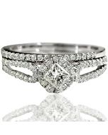 Princess Cut Wedding Rings set White gold Split shoulder Certified .75ct 2pc new