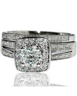 White Gold wedding Ring set Engagement ring and Band halo Diamond 1ct look new