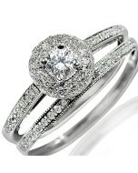 Bridal Wedding set Round Solitaire halo .55 ctw Real Diamonds White Gold Vintage