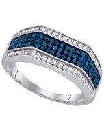 Mens Diamond Ring 0.75CTW BLUE DIAMOND Wedding MENS RING 10KT White Gold