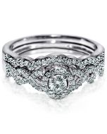 Woven bridal set 2 piece Wedding 0.4ct w Solitaire pave side 10K White gold
