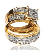 1ct Diamond Yellow Gold Trio Wedding set Princess cut style pave his and her