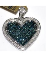 Diamond Heart Pendant Blue and white diamonds Princess cut 2.3ctw 20mm wide White gold