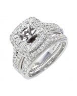 14K White Gold Bridal Set Semi Mount 1.00ctw Diamond Ring Setting Double Halo