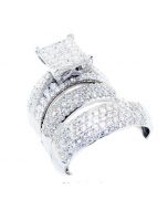 2.25ct His and Her Trio rings Set 10K White Gold 22mm Wide Princess Cut Style High End Wedding Set