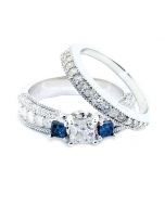 1.65ct Diamond Bridal Wedding Rings Set Blue White Princess Cut Diamonds 2pc Set