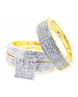 1ct His and Her Trio Rings Set 10K Yellow Gold Princess Cut Style Pave Square Top 3pc Set
