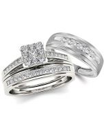 10K White Gold Wedding Ring Set His and Hers 3pc Trio 3/4ctw Classic Cathedral Style