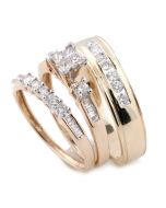 10K Gold His and Her Rings Trio Wedding Set Princess Cut Baguette and Round Diamonds 3pc Set 3/4ctw 