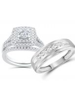 10K White Gold Trio Set His and Her Rings 1.25ctw Cushion Halo Style 3pc Set