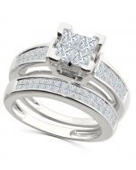 14K White Gold Princess Cut Bridal Set Engagement Ring And Band 1.50ctw