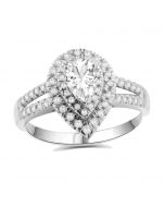 10K White Gold Tear Drop Engagement Ring Moissanite Solitaire and Diamonds Split Sides 0.42ctw (i2/i3, I/j)