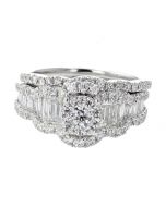 14K White Gold Fancy Bridal Set With Baguette And Round Diamonds 1.75CTW Diamonds 