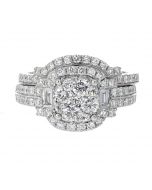 14K White Gold Clustered Center With Two Fancy Side Baggutte Diamonds 