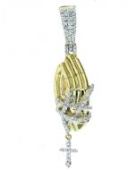 10K Gold Praying Hands With Rosary 0.23Ctw Diamond Pendant 
