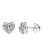 10K WHITE GOLD 0.27 CT. TW HEART SHAPED EARRINGS WITH ROUND AND BAGUETTE DIMONDS