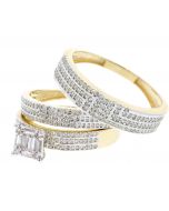 10K Gold His and Her Rings Trio Wedding Set 0.85ctw Diamonds Baguettes and Round 3pcs Set