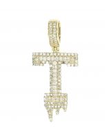 10K Gold Diamond Initial Pendant Letter T Melting Alphabet Charm 3/4ctw Diamonds 1.5 Inch Tall