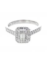 14K White Gold Diamond Ring Cushion Shape With Emerald Cut Diamond on Center and Round Cut on Sides 0.52ctw