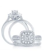 Extra Wide Princess Cut Halo Wedding Ring Set 14K White Gold 1.12ctw Diamonds 12mm 2pc