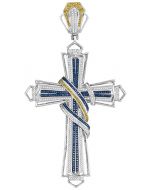10kt White Gold Mens Blue & Yellow Colored Diamond Bound Flared Cross Charm Pendant 1-5/8 Cttw 