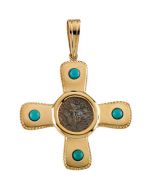 Turquoise Cross Pendant 14K Yellow Gold 35.25 X 35.50