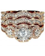 Rose Gold Bridal rings Set 14K 2.7ct diamonds Filigree three stone halo 3 piece