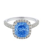 14K White Gold IGI Certified 3.38 CT Lab Blue Cushion Halo Diamond Ring
