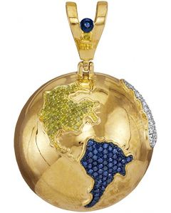 10kt Yellow Gold Mens Blue Colored Diamond Globe Planet Earth Charm Pendant 1-1/8 Cttw