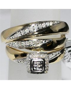 Trio Set Bride and Grooms Yellow Gold 0.15ct 10K Mens and Womens Ring Square Top