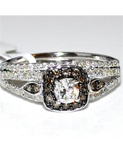 Bridal Set Brown halo square Round Solitaire center Wedding set .75ct 14K White Cognace